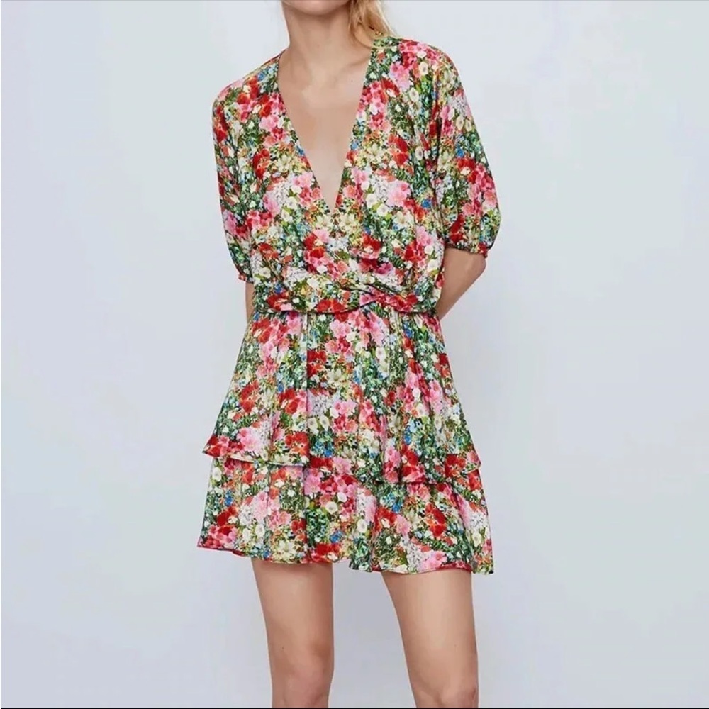 Zara Summer Multicolor Floral Boho Festival Peasant Spring Tiered dress Small